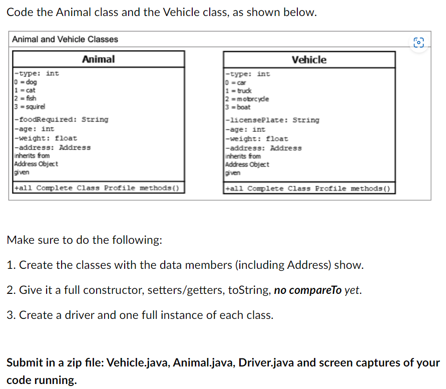 Solved Code the Animal class and the Vehicle class, as shown | Chegg.com