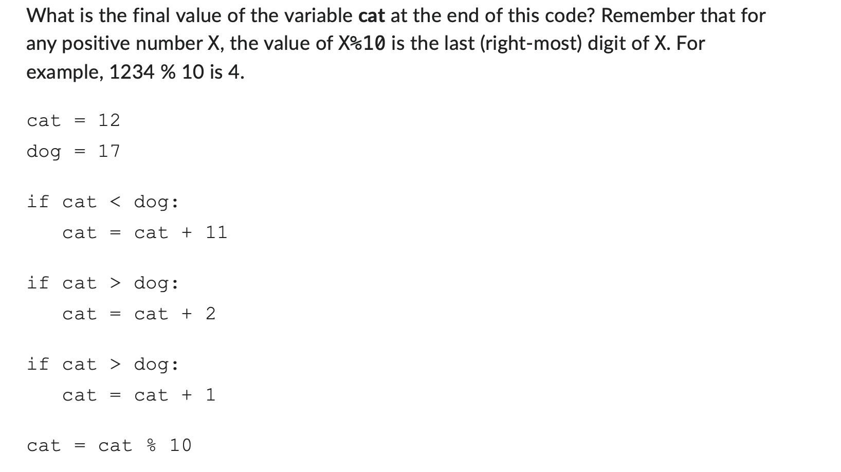Solved What is the final value of the variable cat at the | Chegg.com
