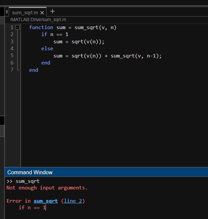 Solved E sum_sqrt.m ×IMATLAB Drive/sum_sqrt.mfunction sum = | Chegg.com