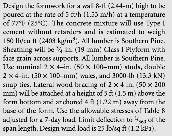 Solved Design the formwork for a wall 8-ft (2.44-m) high to | Chegg.com