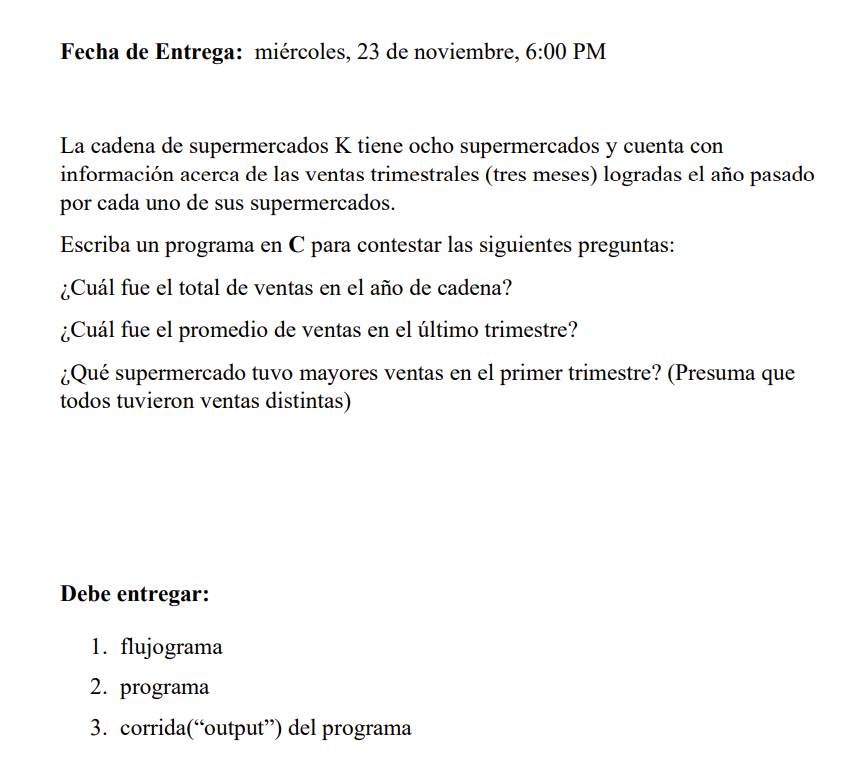 Fecha de Entrega: miércoles, 23 de noviembre, 6:00 PM La cadena de supermercados \( \mathrm{K} \) tiene ocho supermercados y