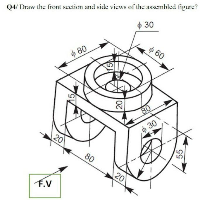 Solved Q4/ Draw the front section and side views of the | Chegg.com