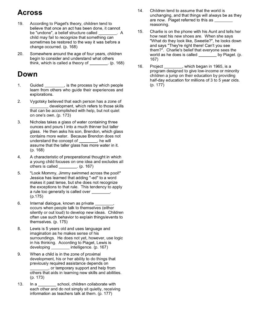 Solved 14. Across 19. 15. According to Piaget s theory Chegg