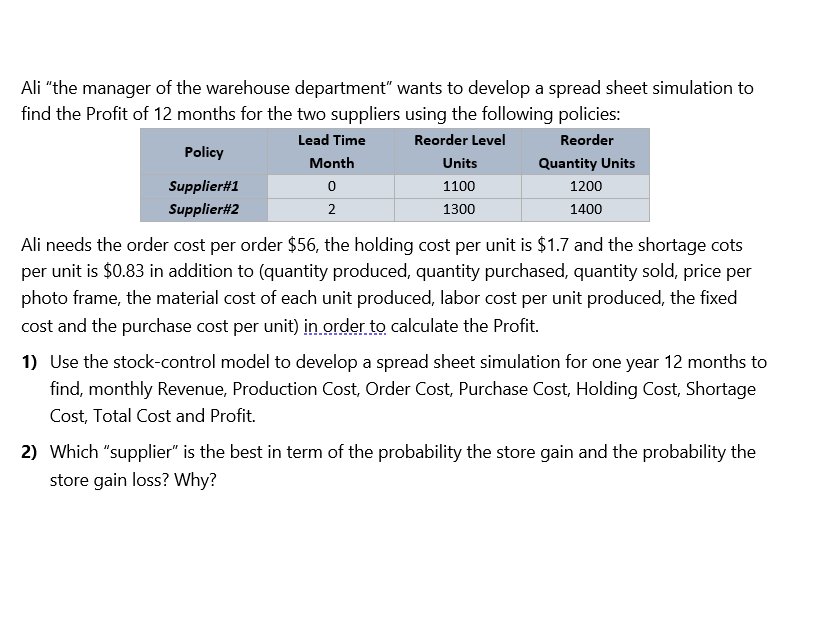Use the stock-control model to develop a spread sheet | Chegg.com