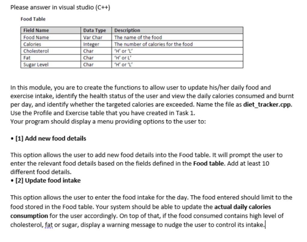 Solved Please answer in visual studio (C++) Food Table In | Chegg.com