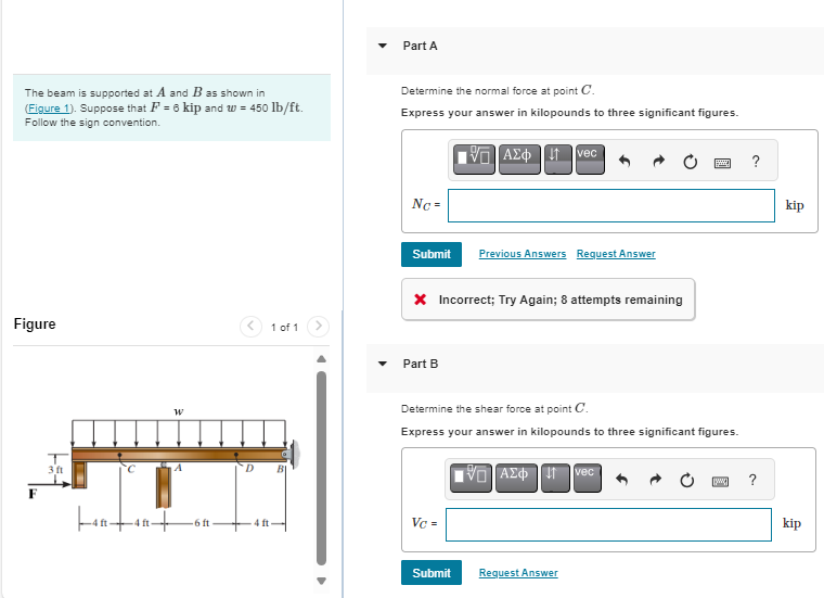 Solved Part AThe beam is supported at A and B ﻿as shown | Chegg.com