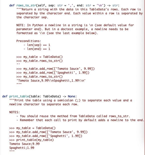 Solved class TableData: "A class representing a csv file. | Chegg.com