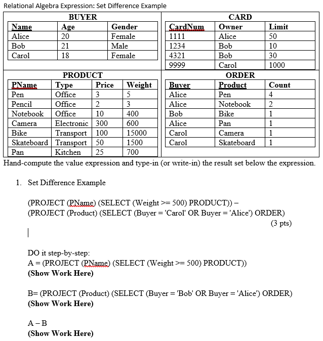 Solved Relational Algebra Expression: Set Difference Example | Chegg.com