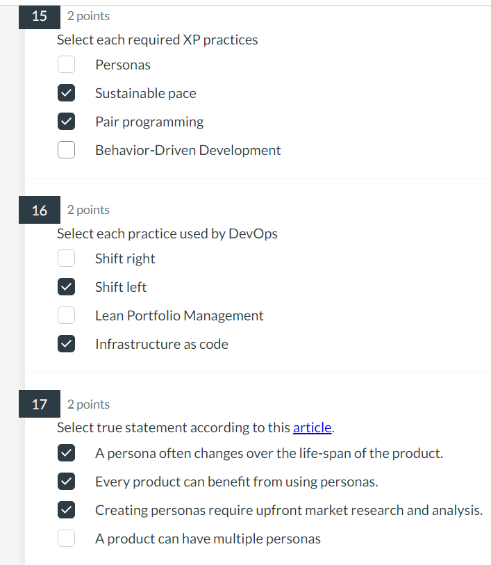 Solved 152 points Select each required XP practices Personas | Chegg.com