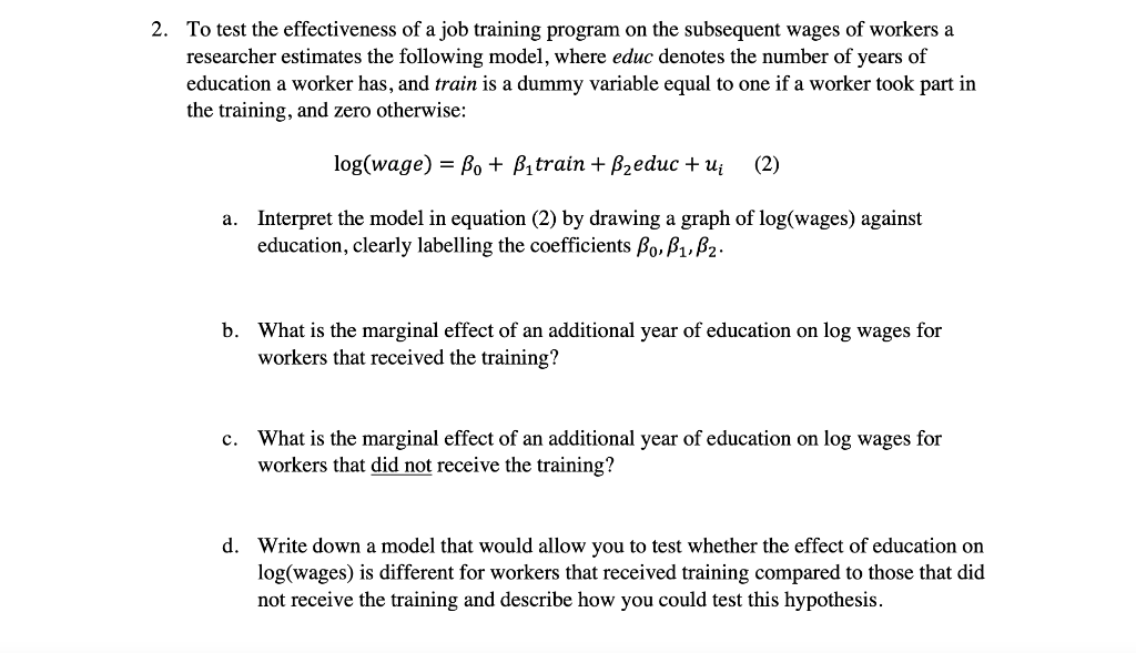 Solved 2. To test the effectiveness of a job training | Chegg.com