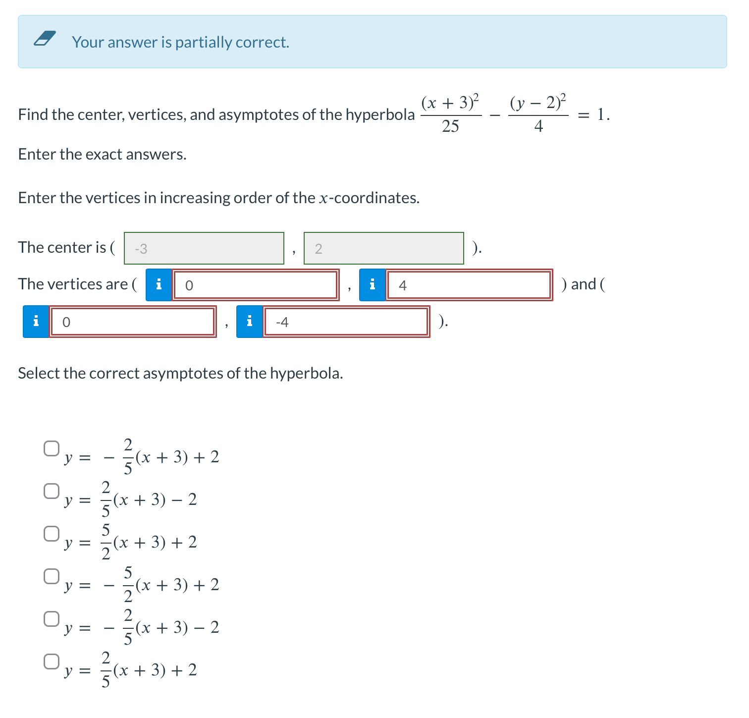 Solved Your answer is partially correct. Find the center, | Chegg.com