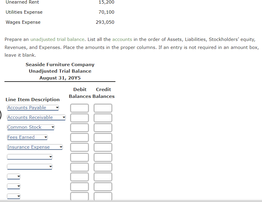 Prepare an unadjusted trial balance. List all the accounts in the order of Assets, Liabilities, Stockholders equity, Revenue