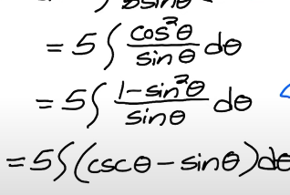 Solved ===5∫sinθcos2θdθ5∫sinθ1−sin2θdθ5∫(cscθ−sinθ)dθ | Chegg.com