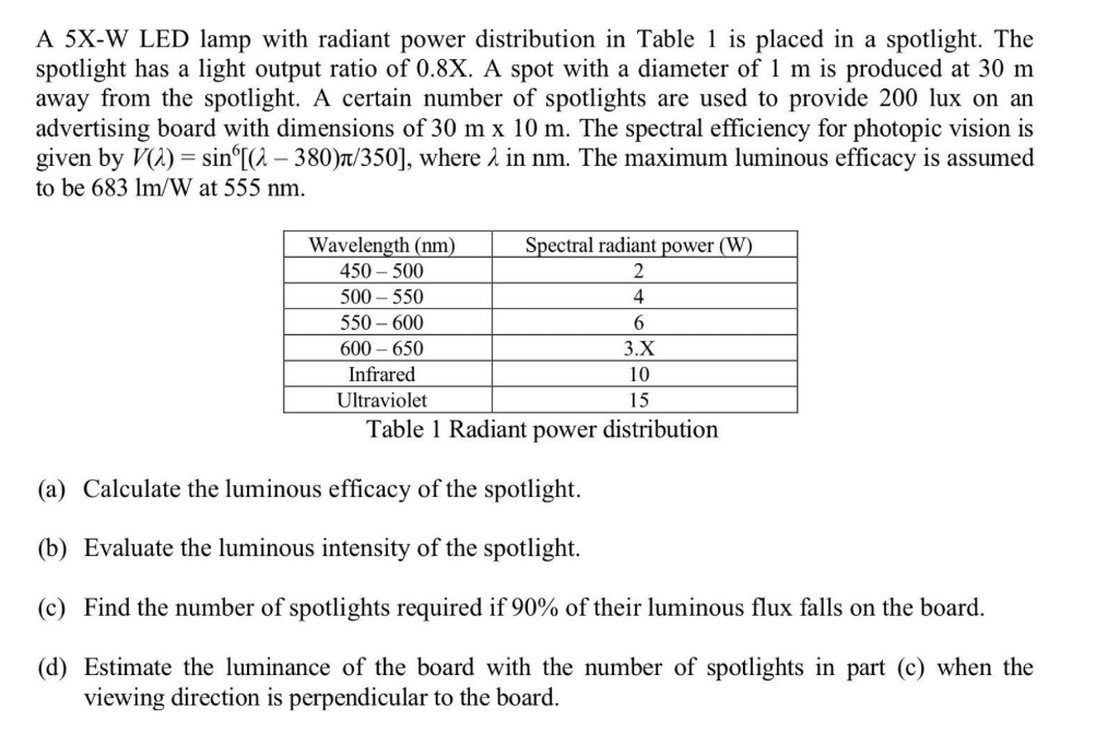 A 5X-W LED lamp with radiant power distribution in | Chegg.com