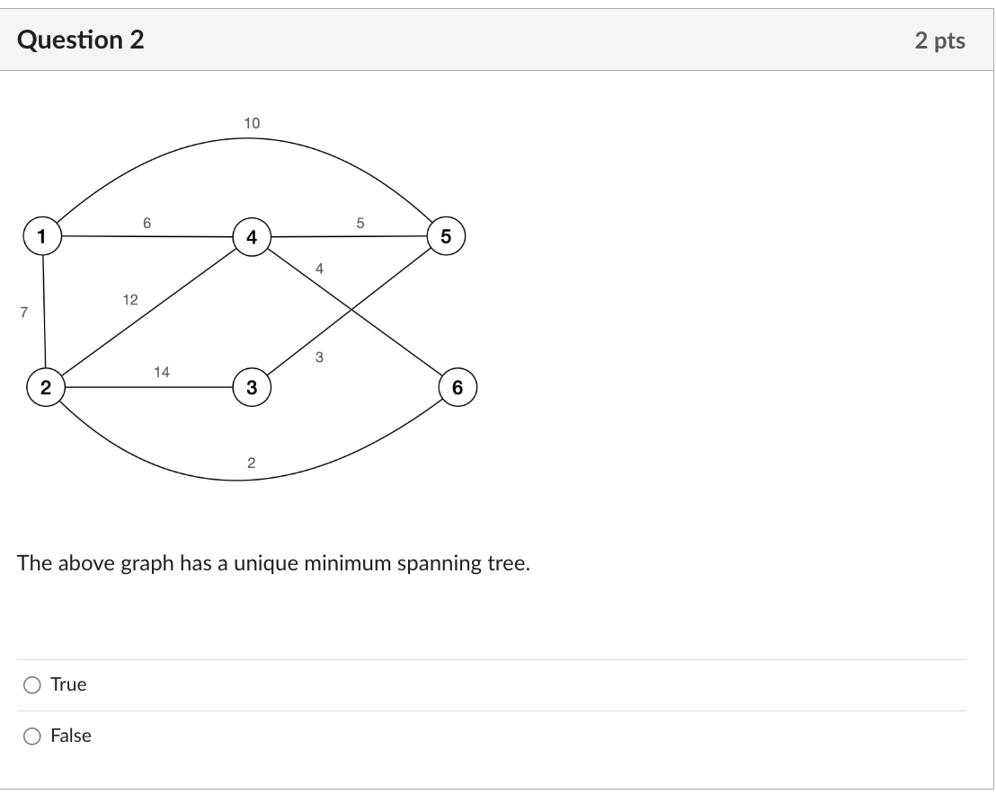 Question 2
The above graph has a unique minimum spanning tree.
True
False