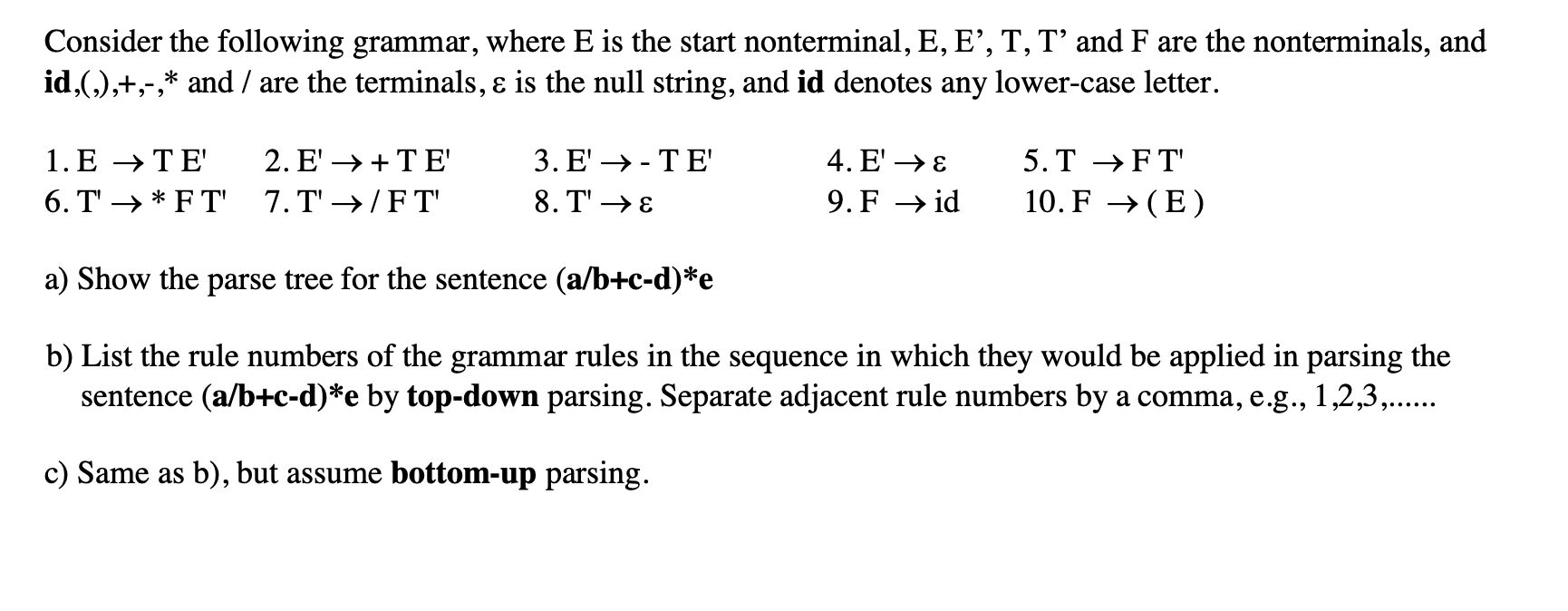 Solved Consider the following grammar, where E is the start | Chegg.com
