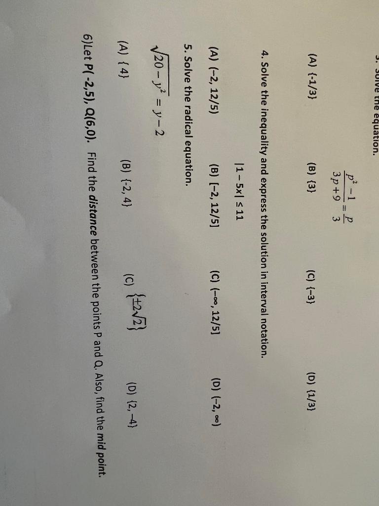 Solved 3. Suive the equation. p-1-p 3p +9 3 (A) (-1/3) (B) | Chegg.com