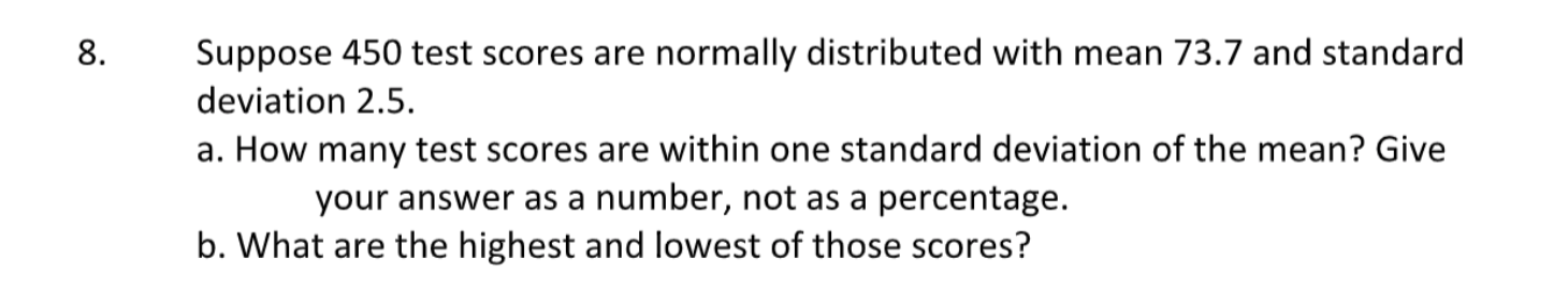 Solved 8. Suppose 450 test scores are normally distributed | Chegg.com
