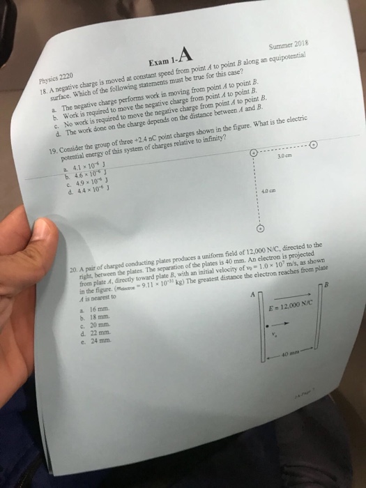 Solved Exam 1 Physics 2220 18. A negative Summer 2018 is | Chegg.com