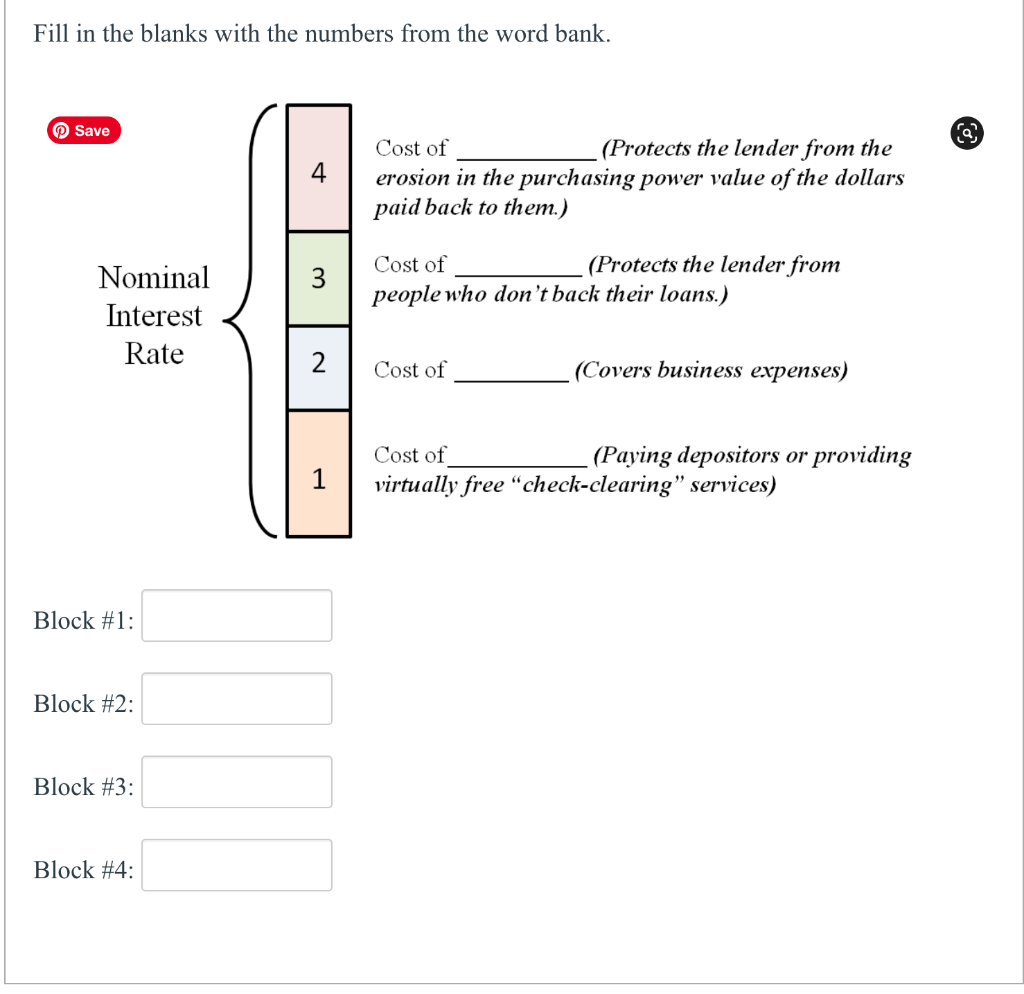 Fill in the blanks with the numbers from the word bank.
Save
Nominal
Interest
Rate
Block #1:
Block #2:
Block #3:
Block #4:
4
