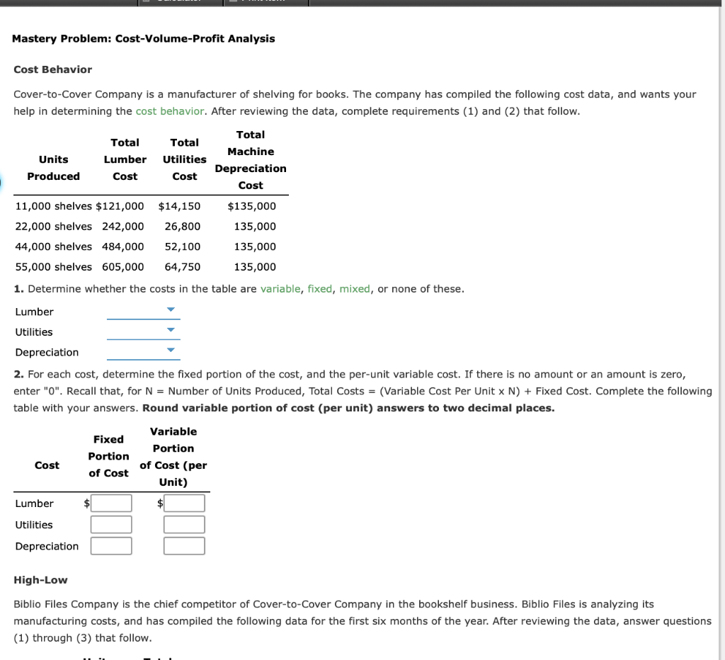 Solved Mastery Problem CostVolumeProfit Analysis Cost