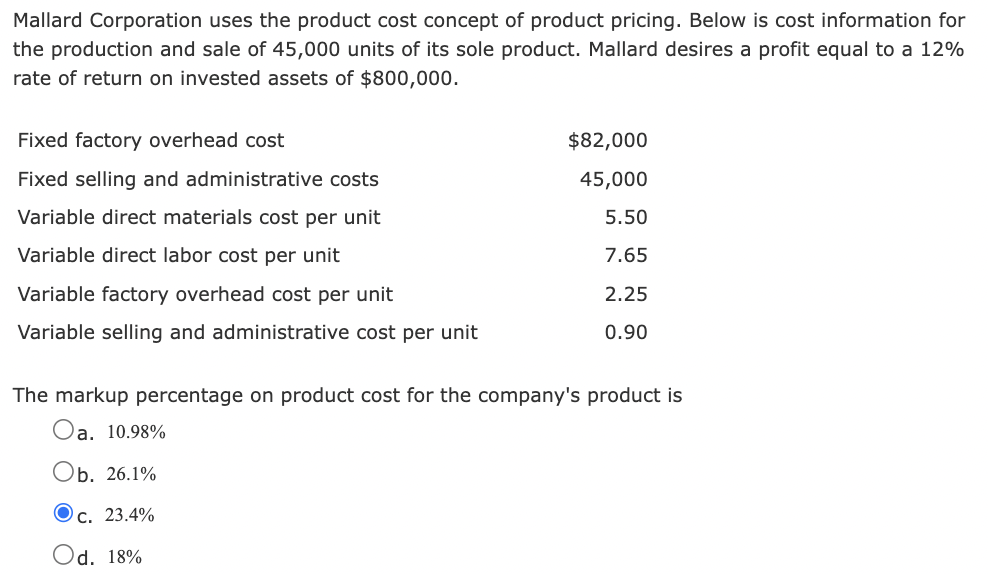 Solved Mallard Corporation uses the product cost concept of | Chegg.com ...