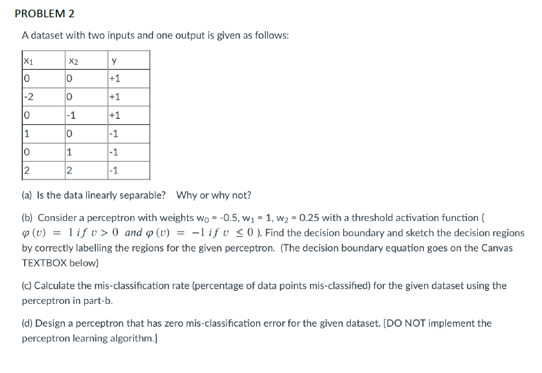 PROBLEM 2 A dataset with two inputs and one output is | Chegg.com