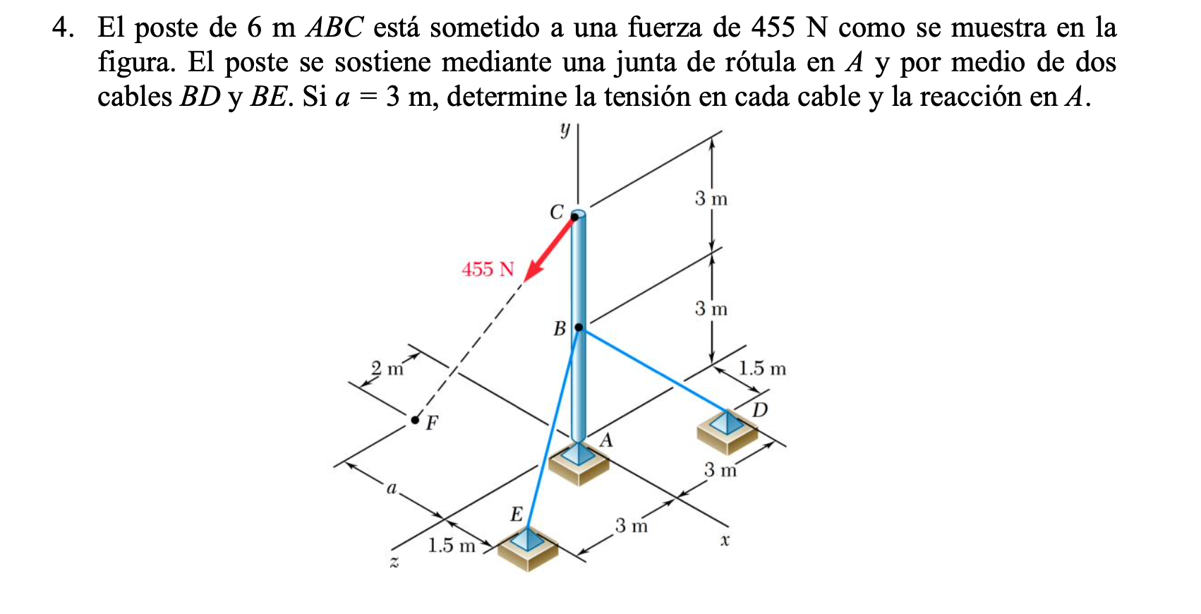 4. El poste de \( 6 \mathrm{~m} A B C \) está sometido a una fuerza de \( 455 \mathrm{~N} \) como se muestra en la figura. El