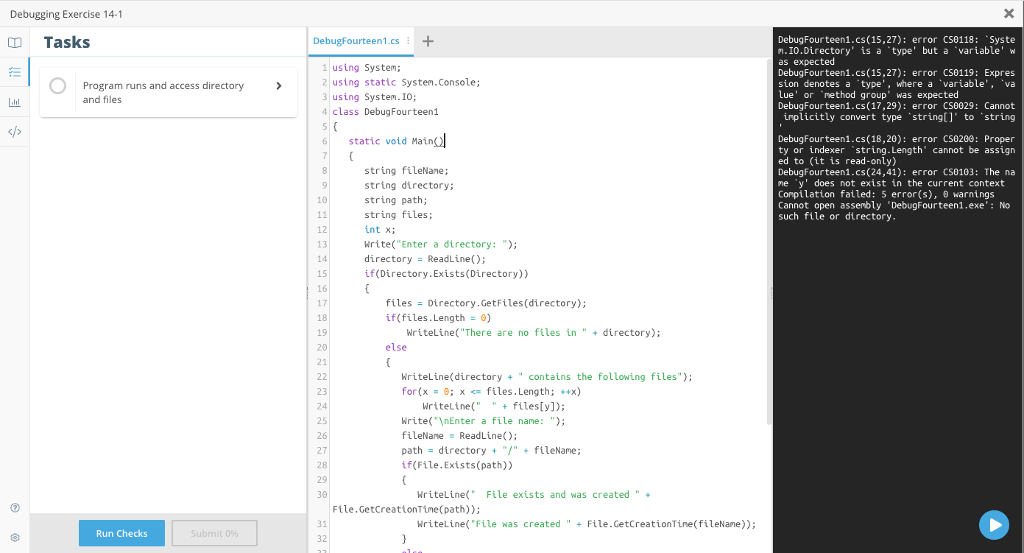 Solved Debugging Exercise 14.1 DebugFourteen1.cs(15,27): | Chegg.com