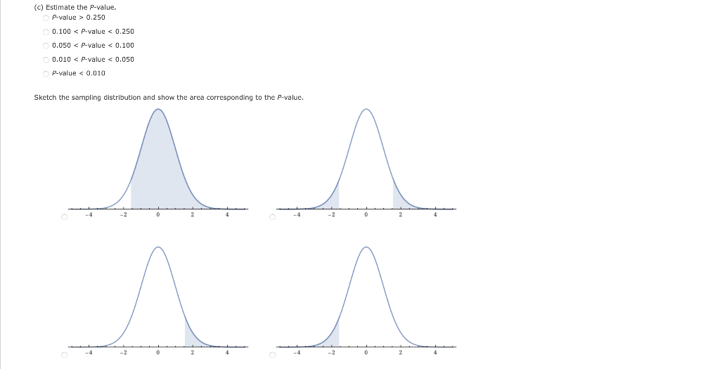 \( P \)-value \( >0.250 \)
\[
\begin{array}{l}
0.100<P \text {-value }<0.250 \\
0.050<P \text {-value }<0.100 \\
0.010<P \tex