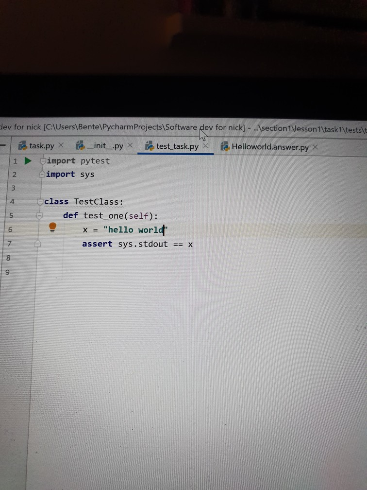 dev for nick [C:UsersBentePycharmProjectsSoftware dev for nick] - ..section1lesson1task1testst _init_-py X fe test_t