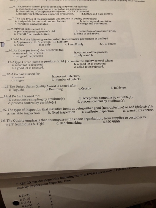 Solved 6. The process control procedure in a quality control | Chegg.com
