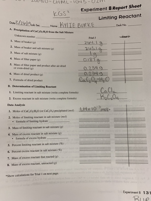 Solved 2 Experiment 8 Report Sheet Limiting Reactant | Chegg.com