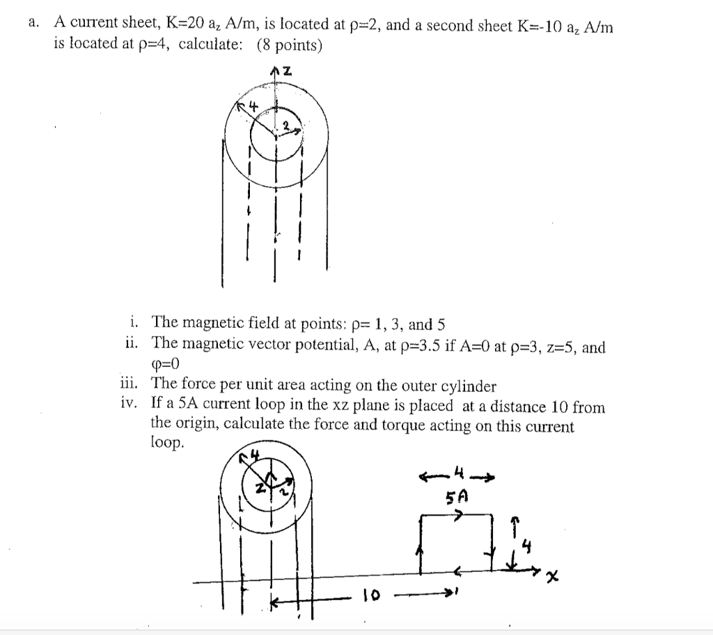 A current sheet, K20 az A/m, is located at ρ2, and
