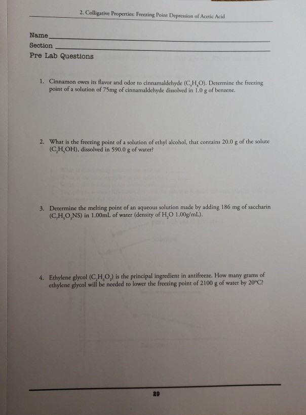 Solved 2 Colligative Properties Freezing Point Depression 2592