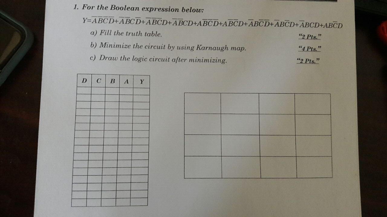 1. For the Boolean expression below:
Y=ABCD+ABCD+ABCD+ABCD+ABCD+ABCD+ABCD+ABCD+ABCD+ABCD
2 Pts.
a) Fill the truth table.
4