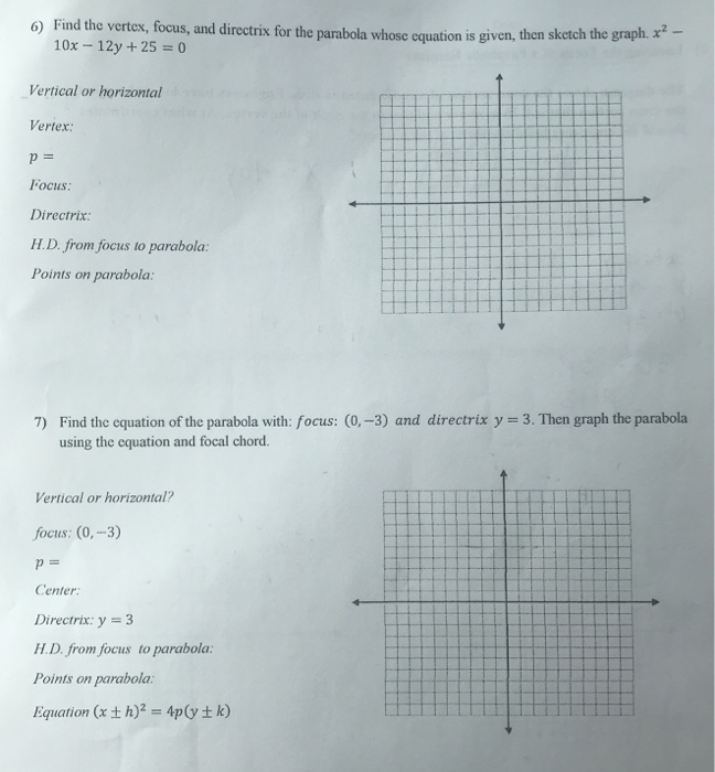 Solved 6) Find the vertex, focus, and directrix for the | Chegg.com