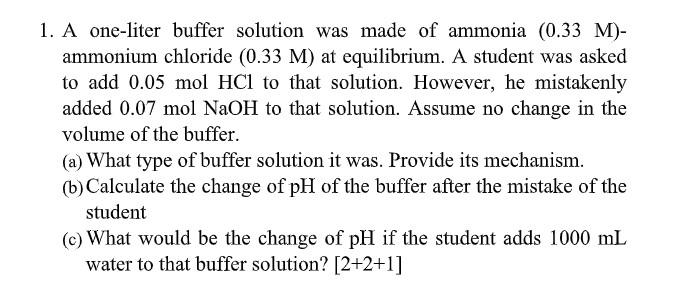 Solved 1. A one-liter buffer solution was made of ammonia | Chegg.com
