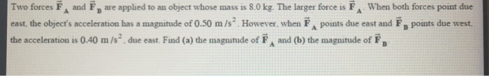 Solved Two forces FA and F are applied to an object whose | Chegg.com