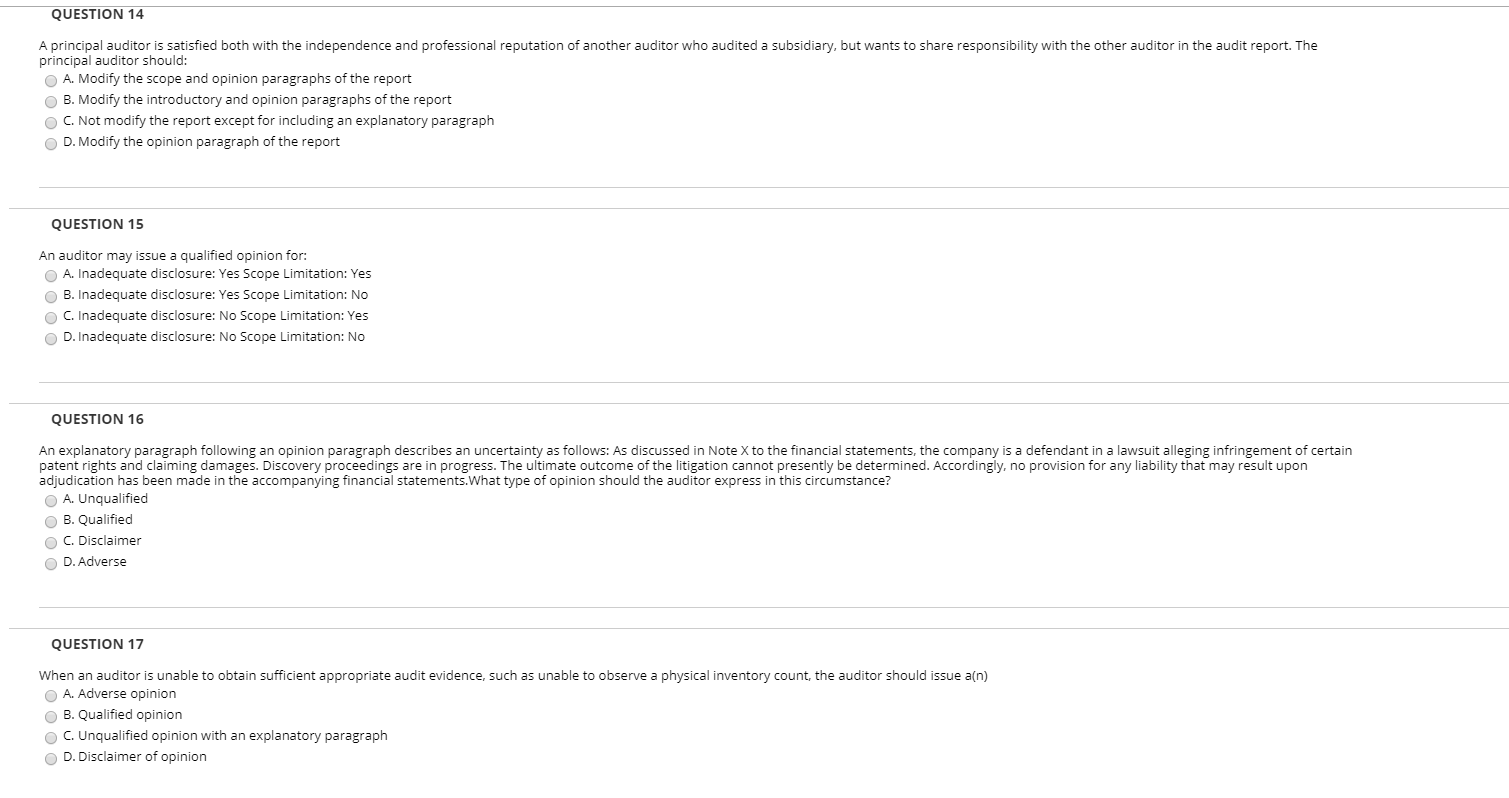 Solved QUESTION 14 A principal auditor is satisfied both | Chegg.com