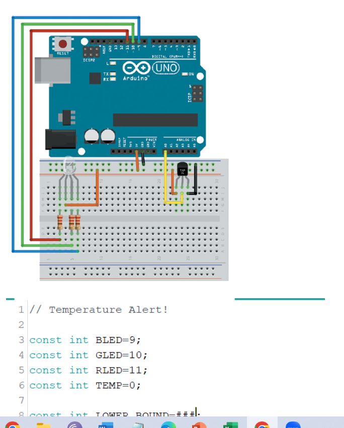 Solved 1// Temperature Alert ! 2 const int BLED =9; 3 const | Chegg.com