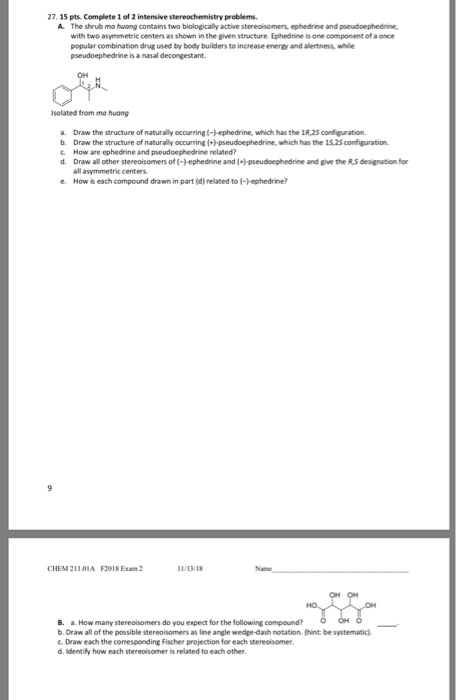 Solved 27, 15 pts. Complete 1 of 2 intensive stereochemistry | Chegg.com