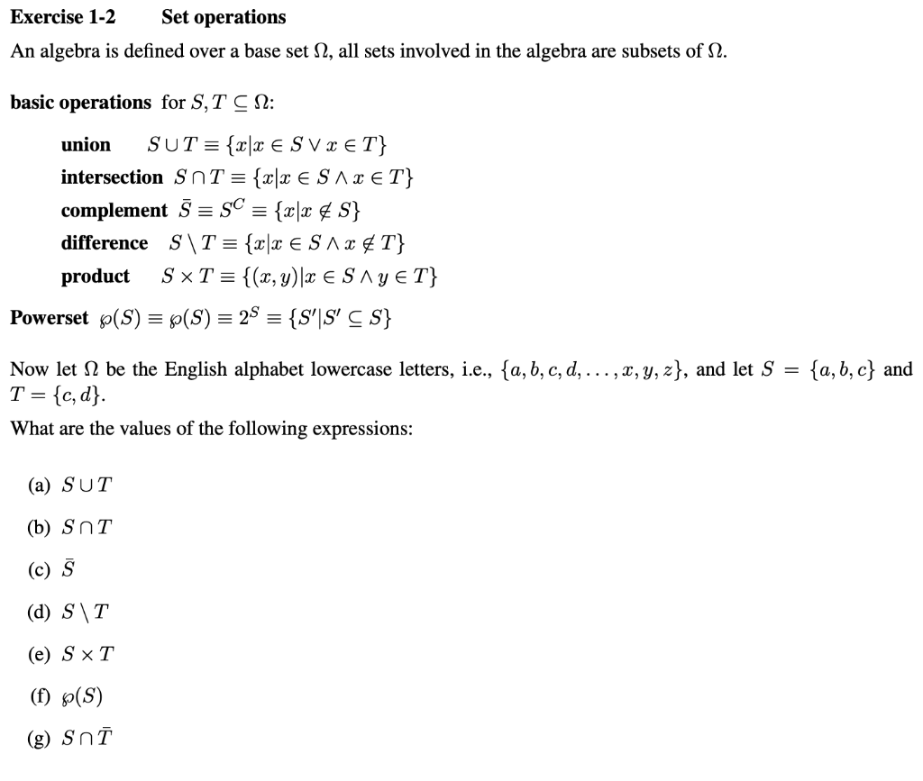 Exercise 1-2 Set operations An algebra is defined | Chegg.com