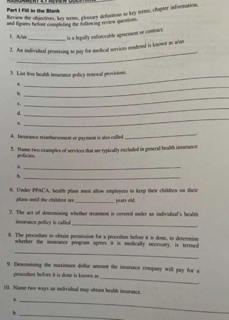Solved Part I Fill in the Blank Review the objectives, key | Chegg.com