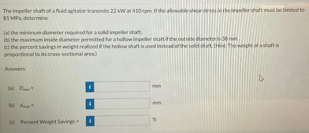 Solved The impeller shaft of a fluid agitator transmits 22 | Chegg.com