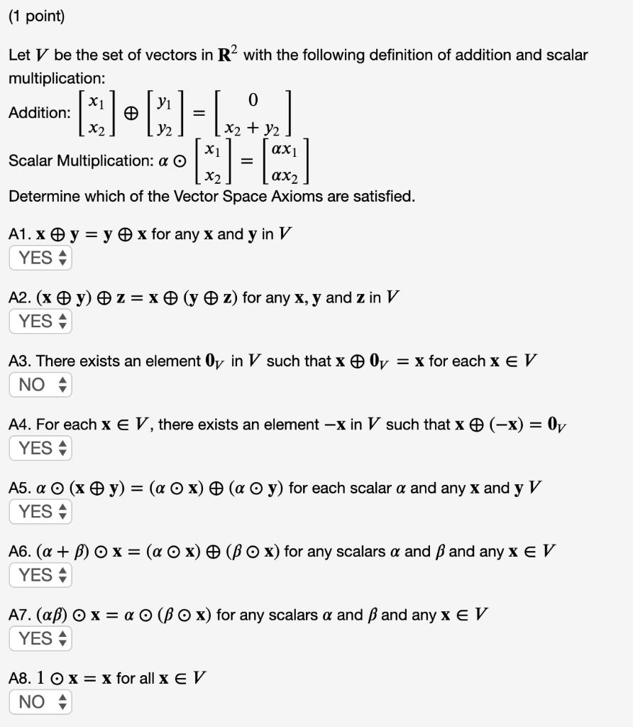 Solved (1 point) Let V be the set of vectors in R? with the | Chegg.com