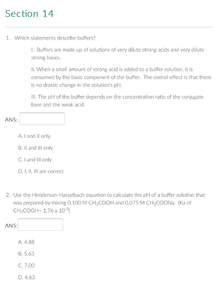 Solved Section 14 1. Which statements describe buffers? 1. | Chegg.com