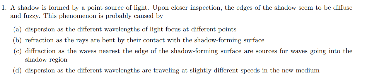 Solved 1. A shadow is formed by a point source of light. | Chegg.com