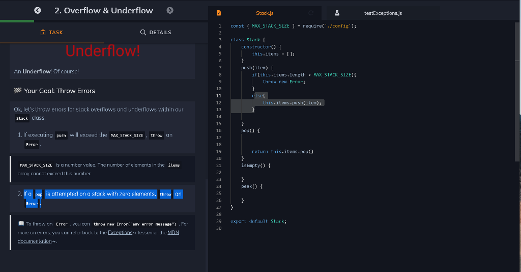 Solved 2. Overflow & Underflow > Stack.js TestExceptions.js | Chegg.com