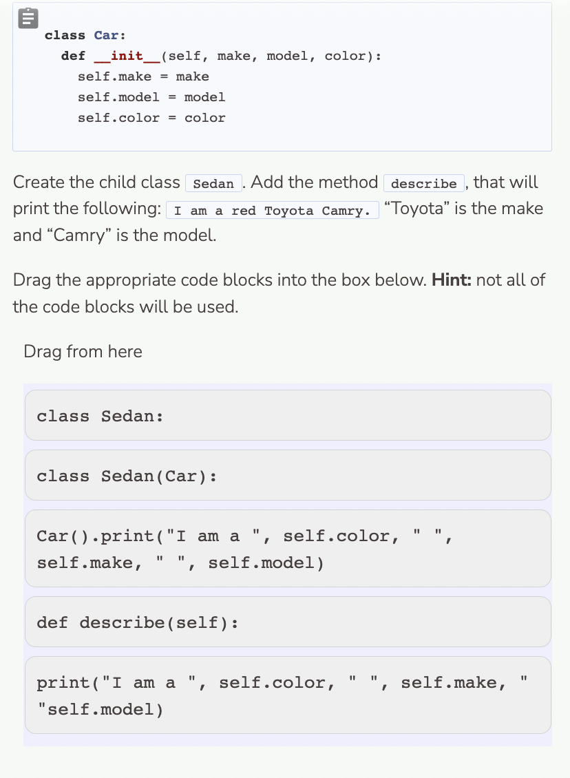 Solved class Car: def _init__ (self, make, model, color